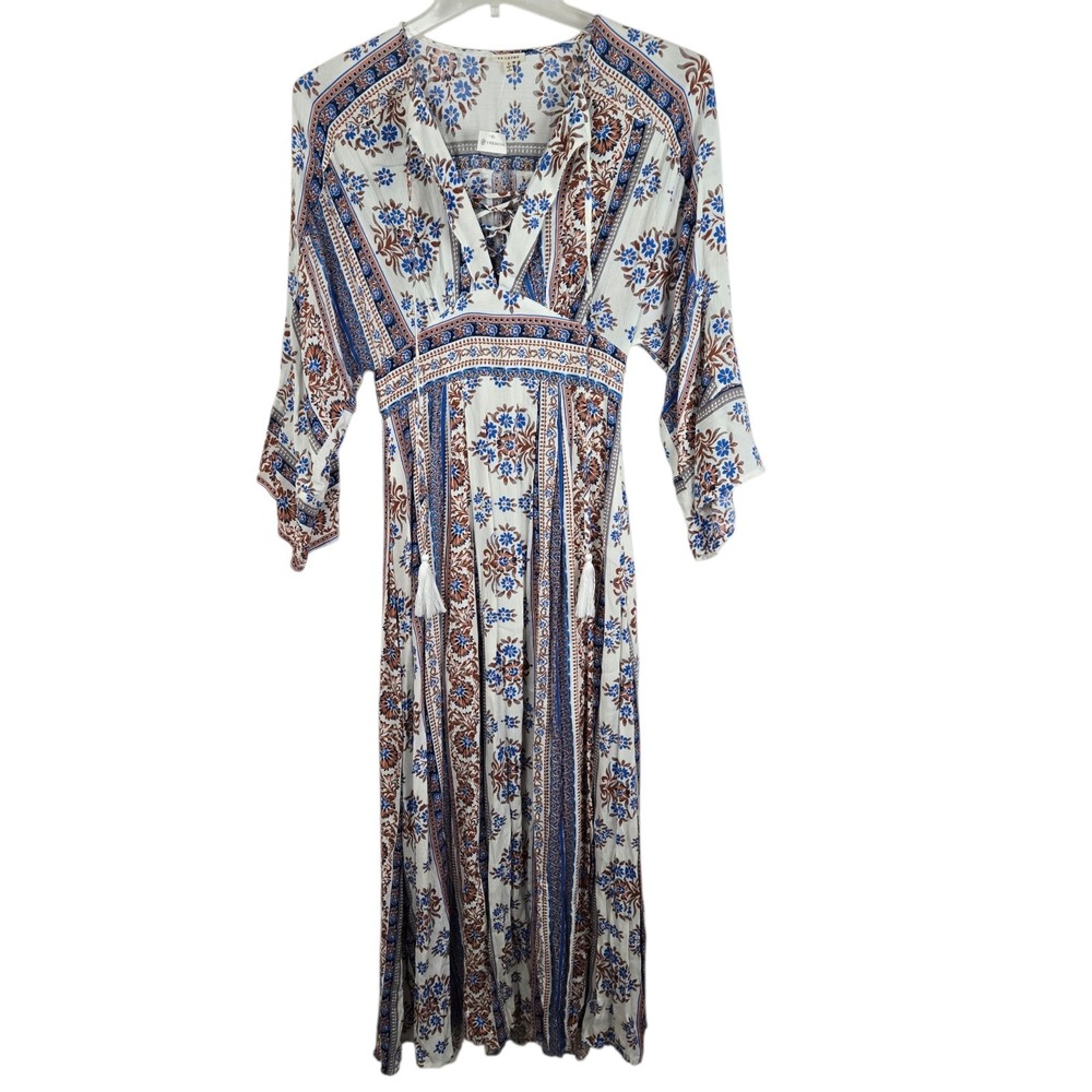 En Crème Boho Floral Paisley Maxi Dress Size S Tassel Tie V-Neck Peasant Style